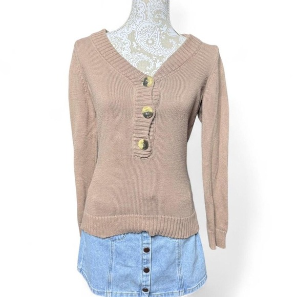 Brown Fall Cozy Sweater Neutral With Buttons Liz Claiborne Vintage Minimalist - Picture 1 of 4